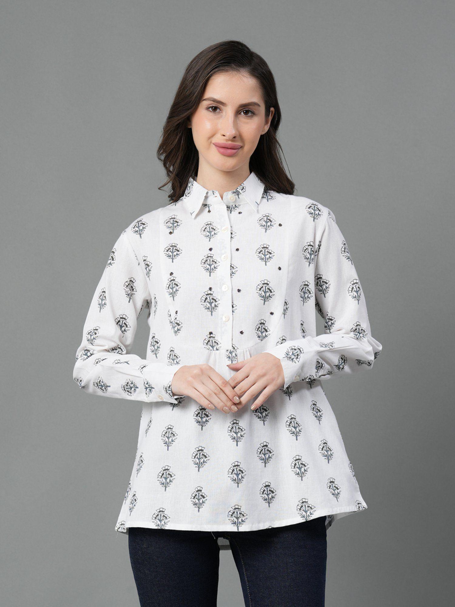 white floral print pure cotton womens blouson top