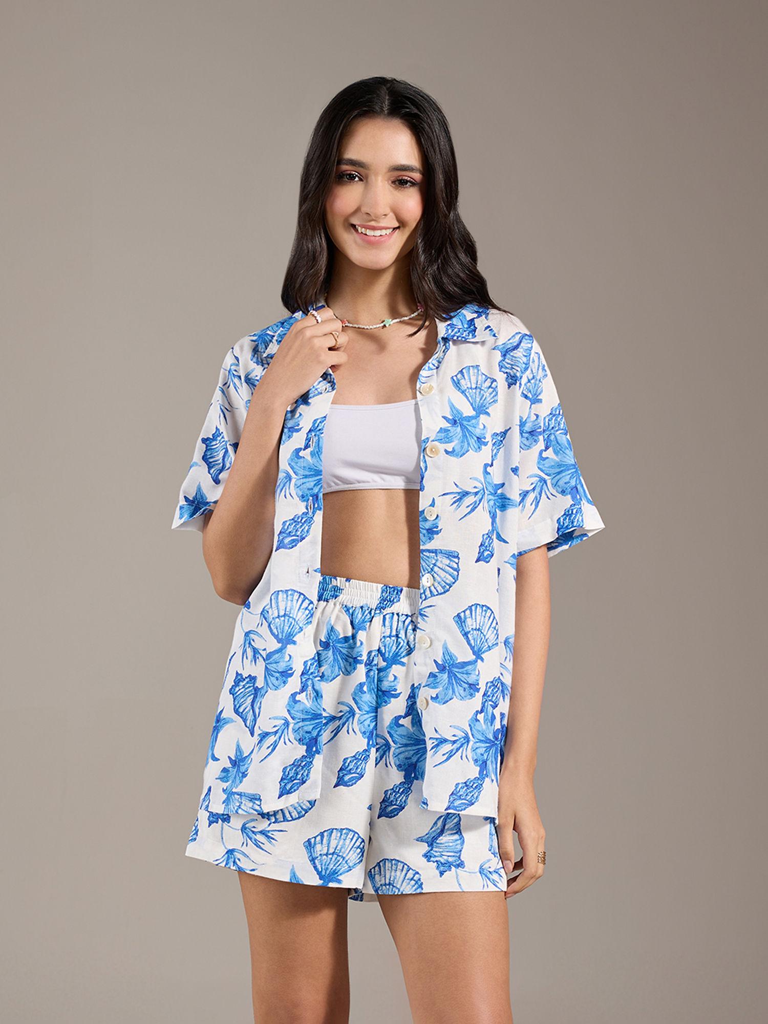 white floral print shirt high rise shorts co-ord (set of 2)