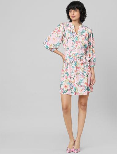 white floral print tie-belt dress