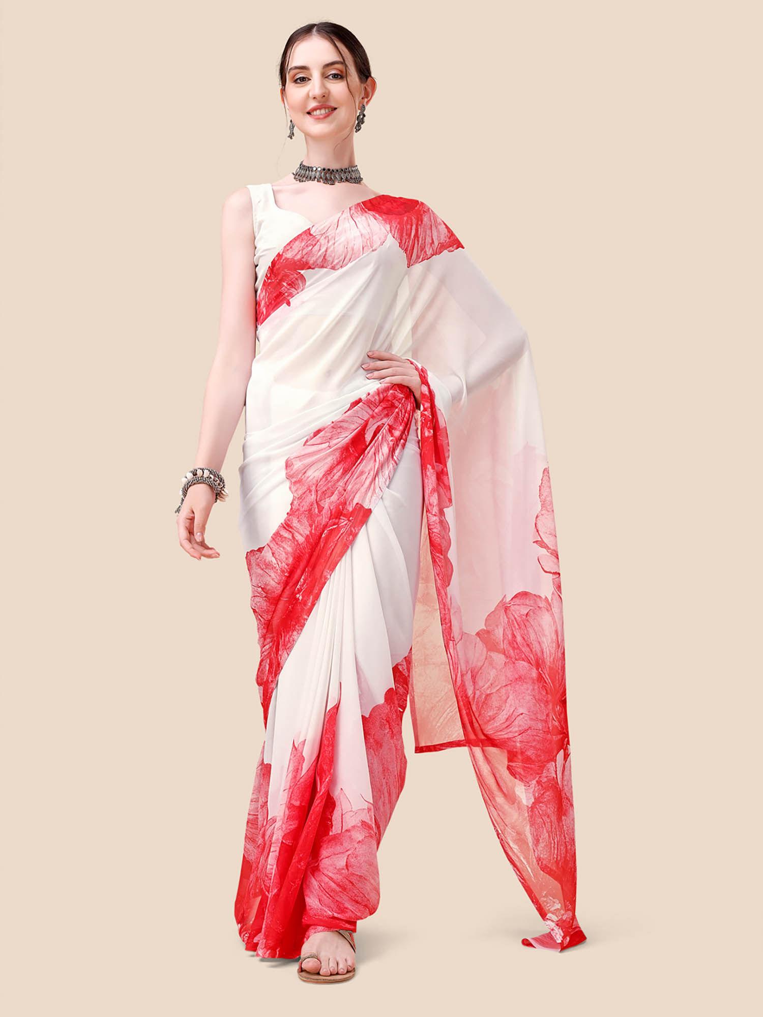 white floral printed celebrity saree with unstitched blouse