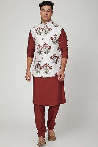 white floral printed nehru jacket