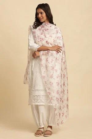 white floral printed organza dupatta