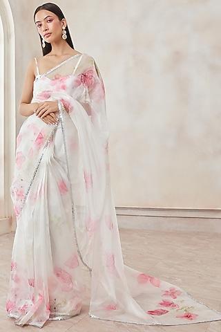 white floral printed saree set