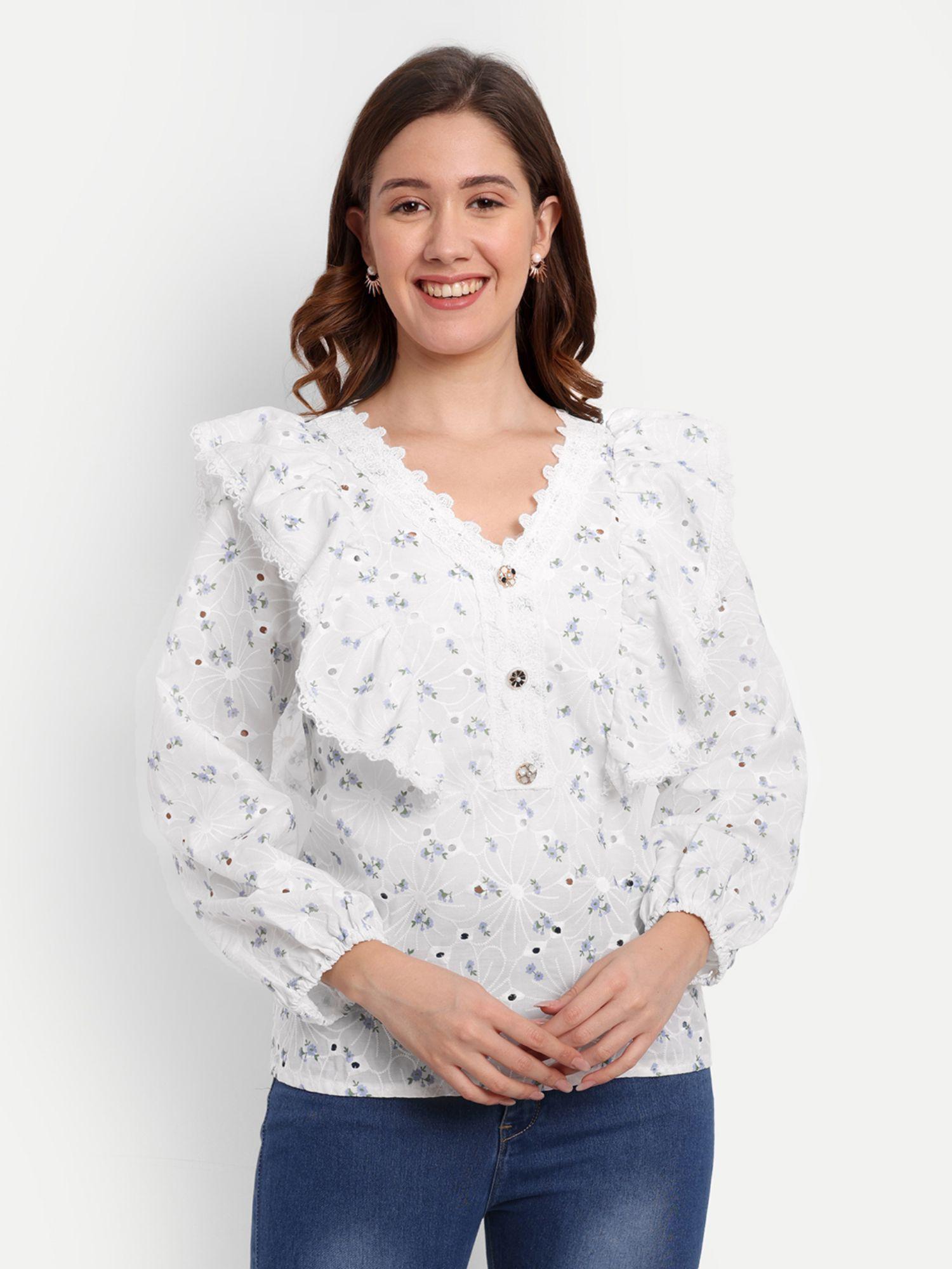 white floral printed schiffli blouse with v-neckline with ruffle detailing