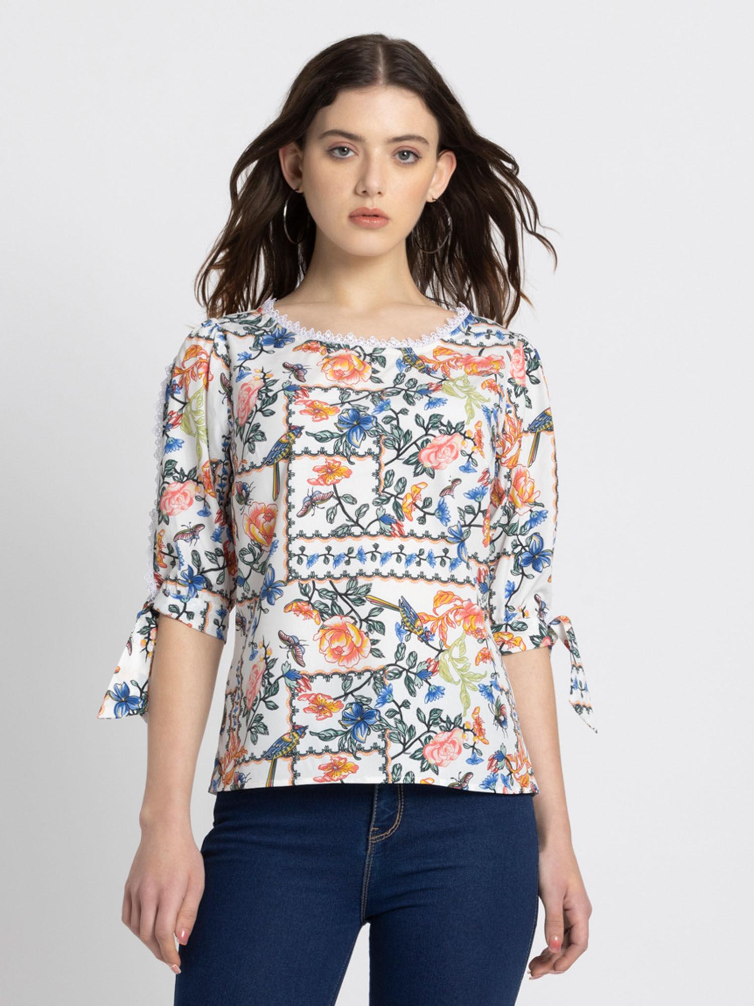 white floral printed three fourth sleeves round neck top