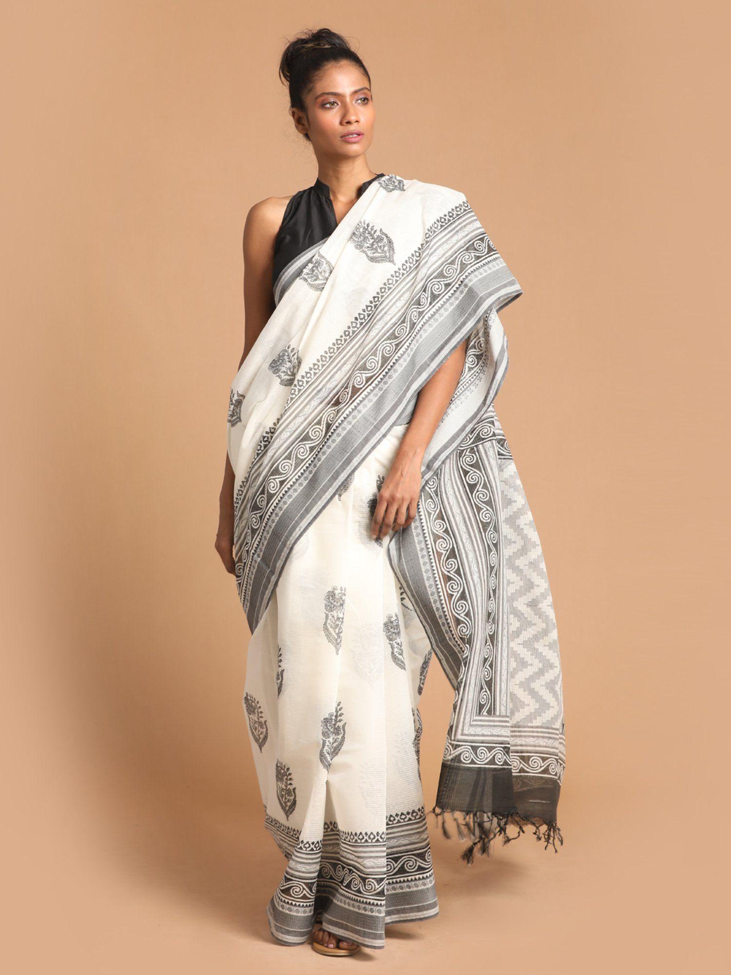 white floral pure cotton saree with unstitched blouse