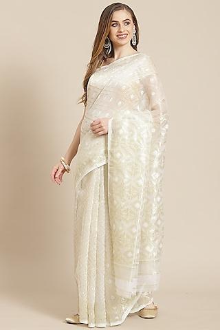 white floral saree with blouse piece