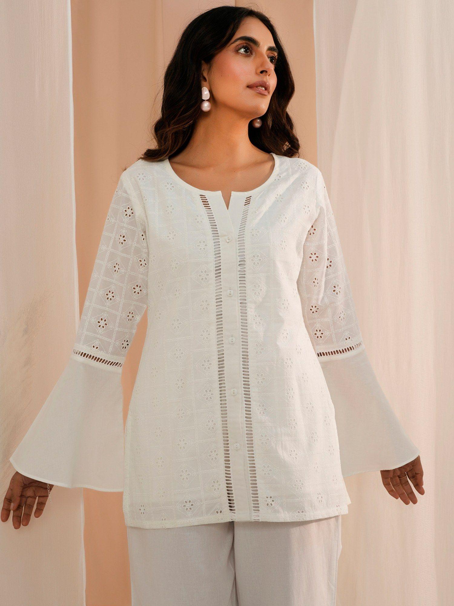 white floral schiffli kurti with button placket & lining