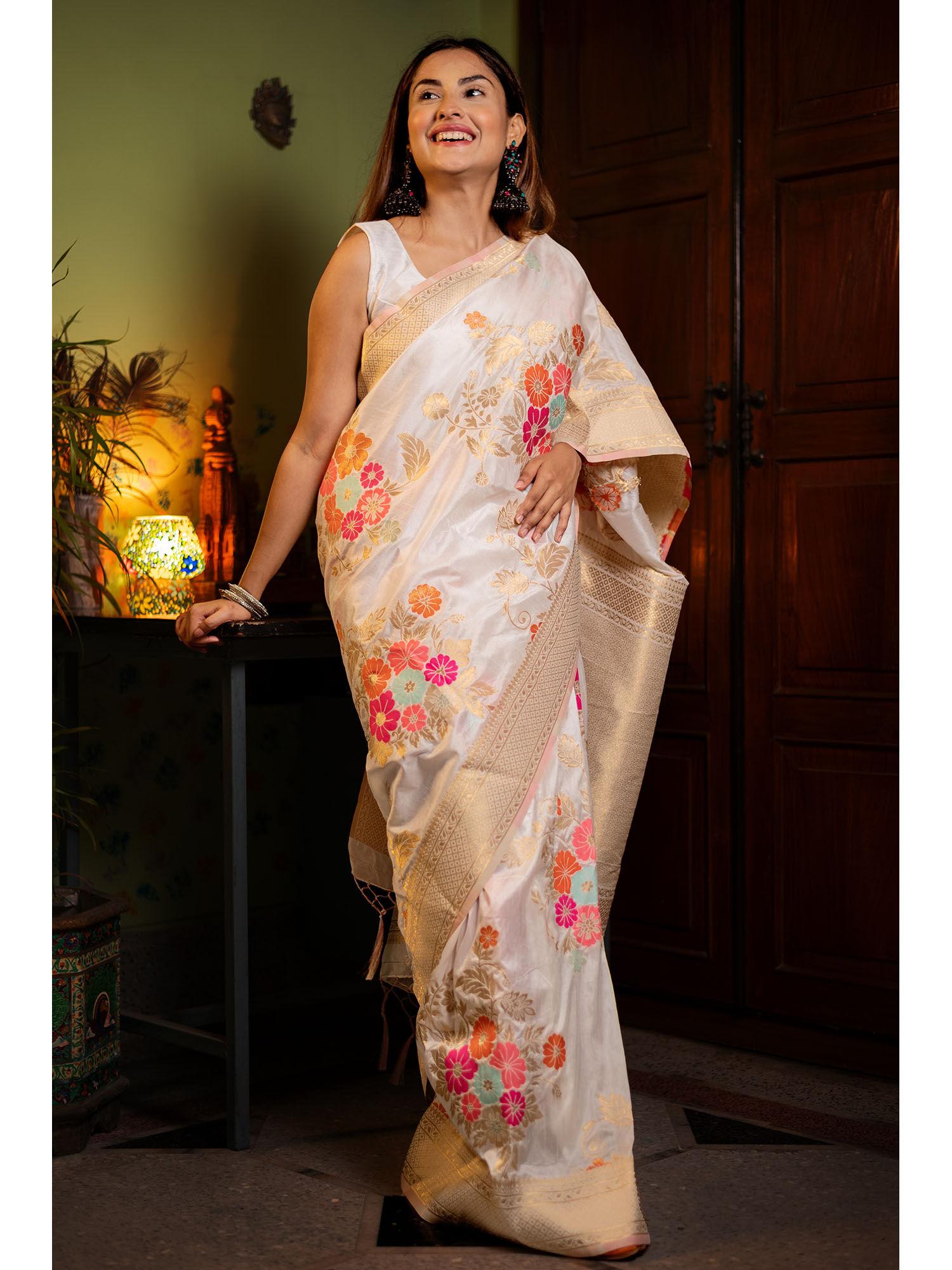 white floral viscose silk saree with unstitched blouse