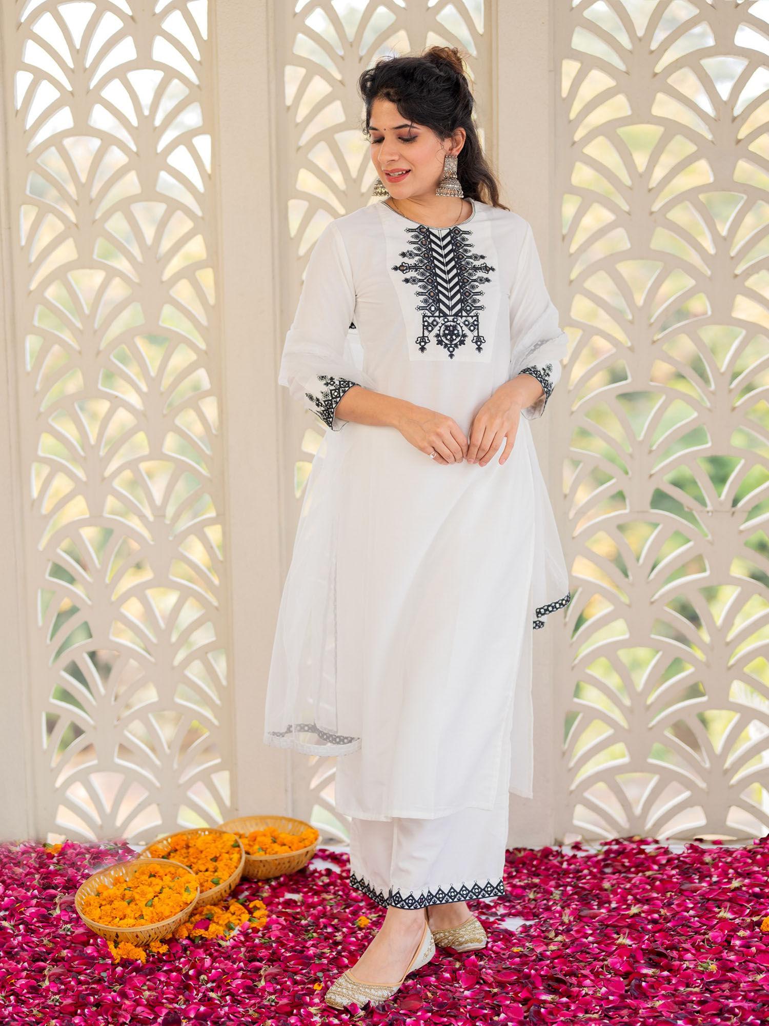 white floral yoke with mirror work palazzo kurta & dupatta (set of 3)