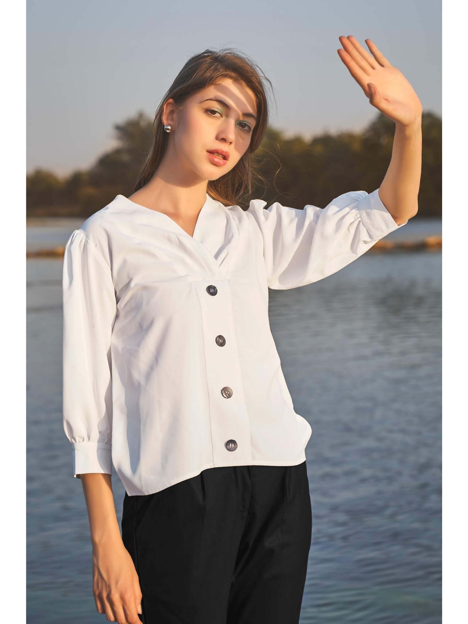 white front button puff sleeve stylish top