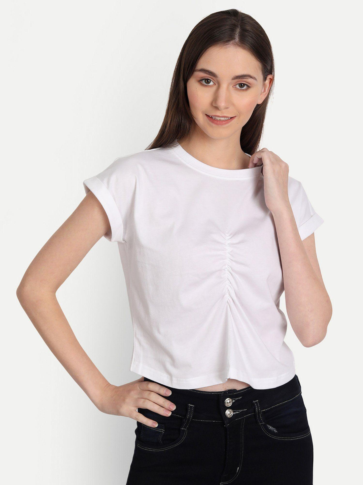 white front gathered short sleeve top