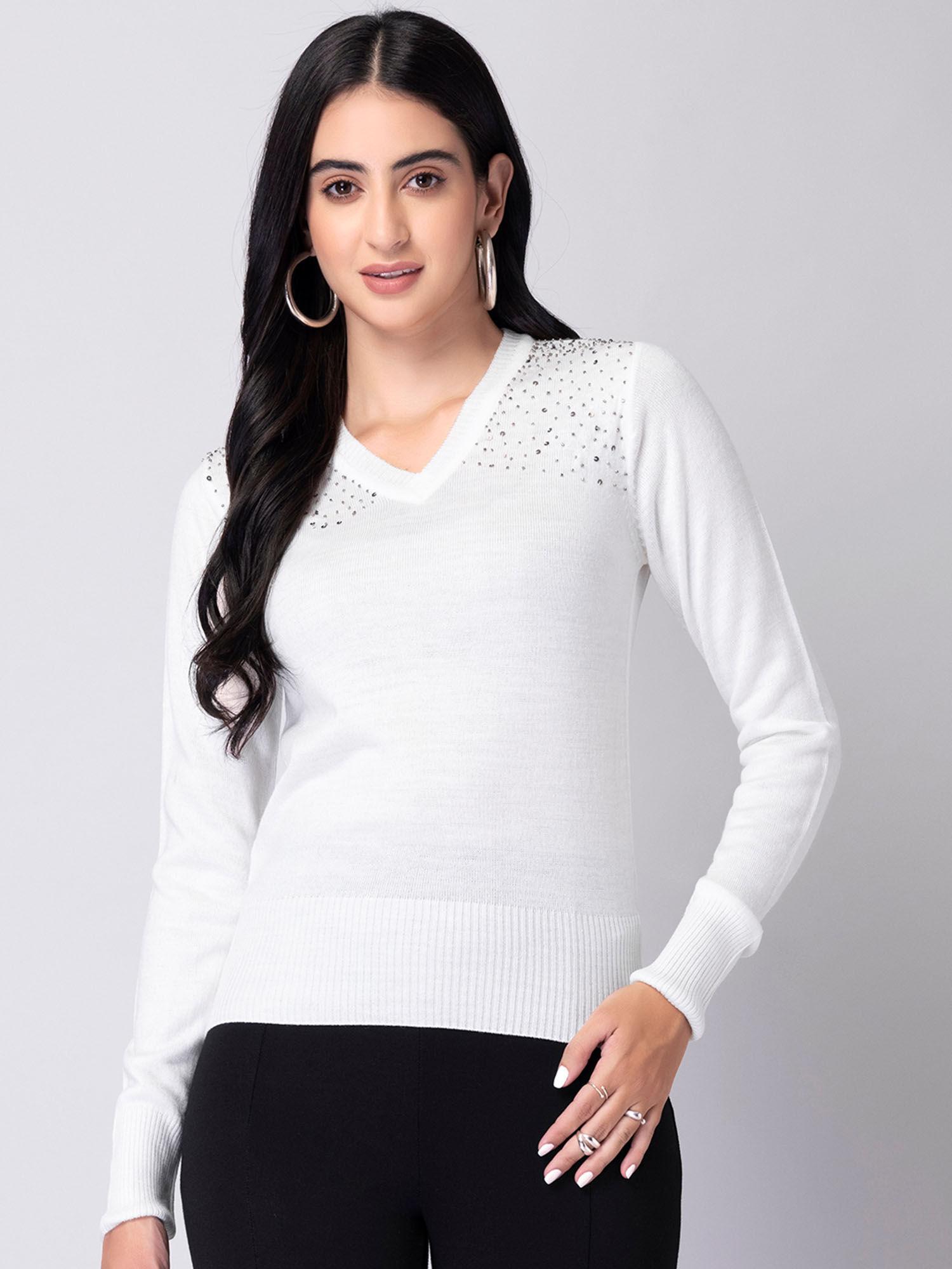 white full sleeve embellished sweater