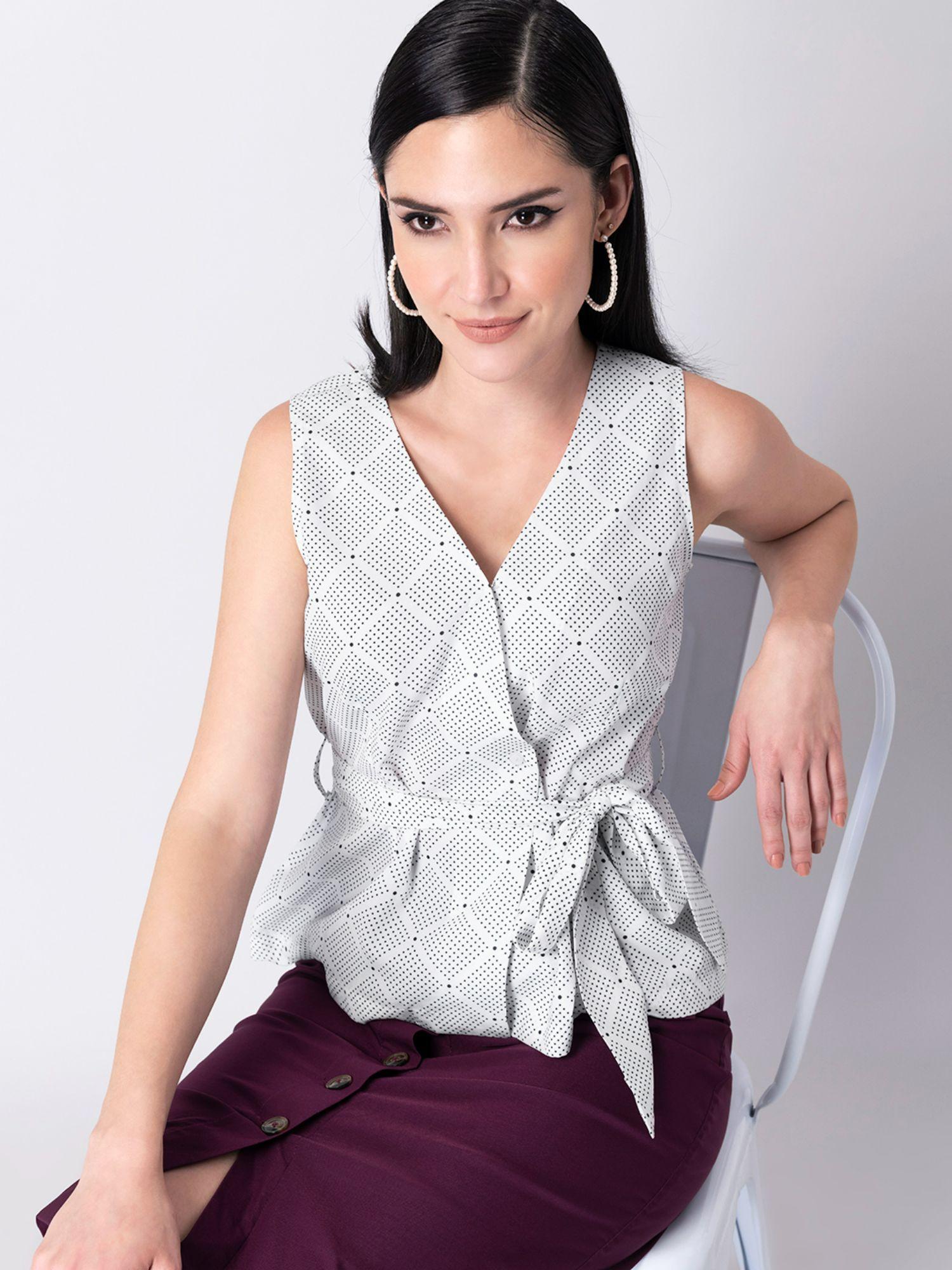 white geometric belted wrap top