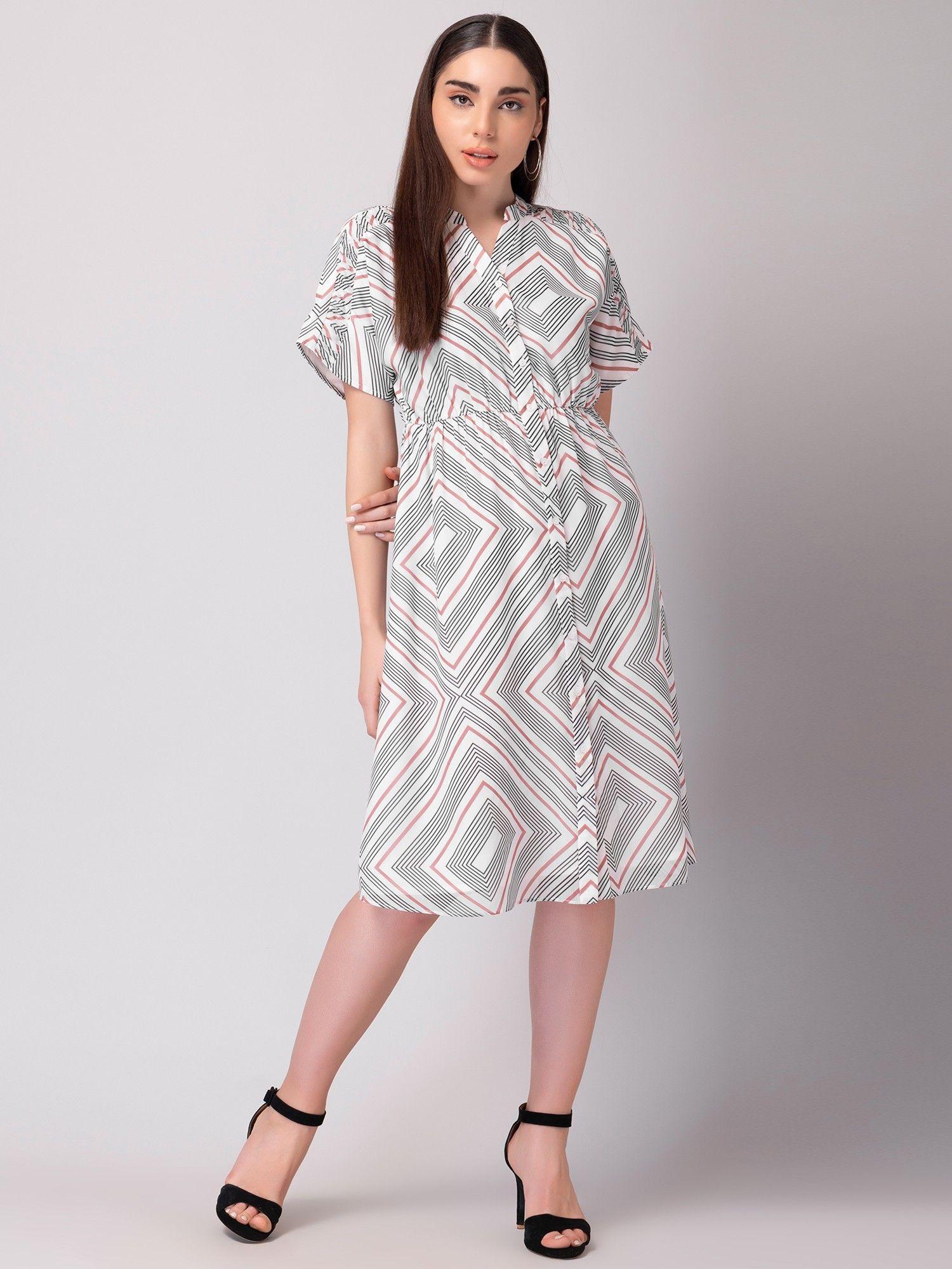 white geometric print shirt dress