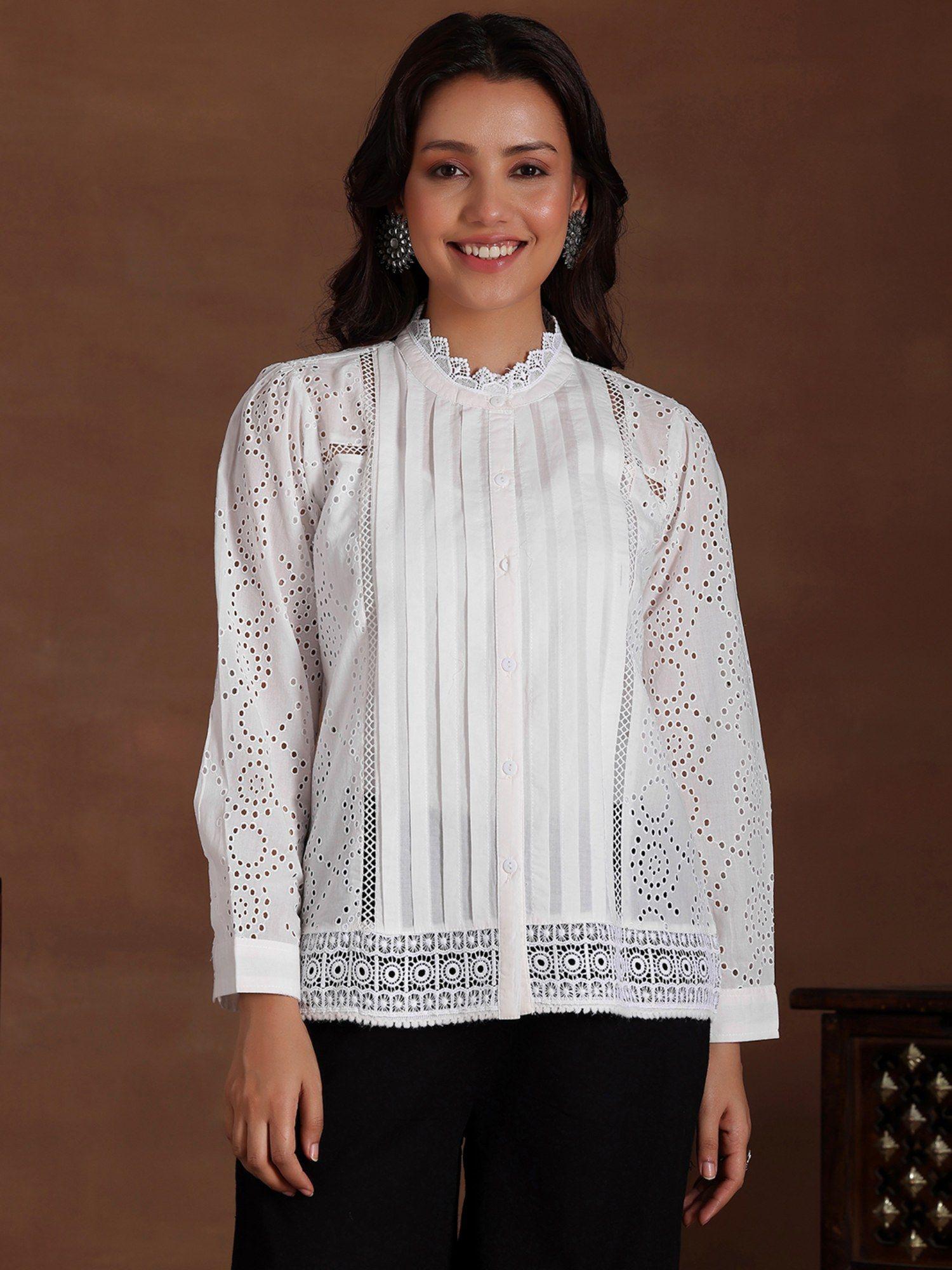 white geometric schiffli kurti with pleats & button placket