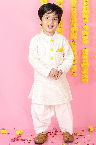 white georgette & cotton silk embroidered kurta set for boys