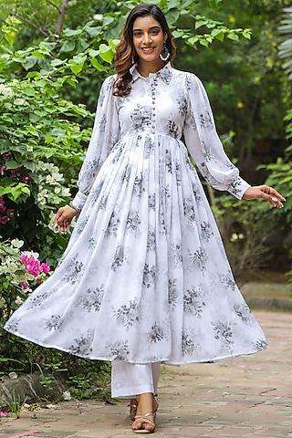 white georgette digital printed anarkali set