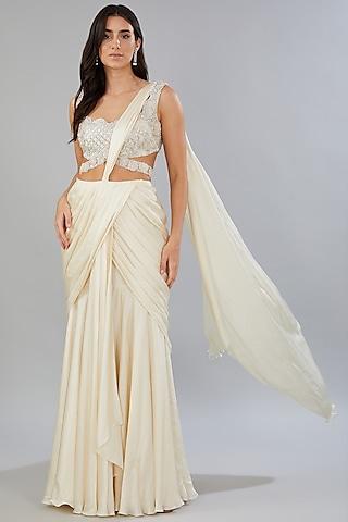 white georgette draped saree set