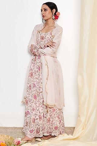 white georgette embroidered & floral printed anarkali set