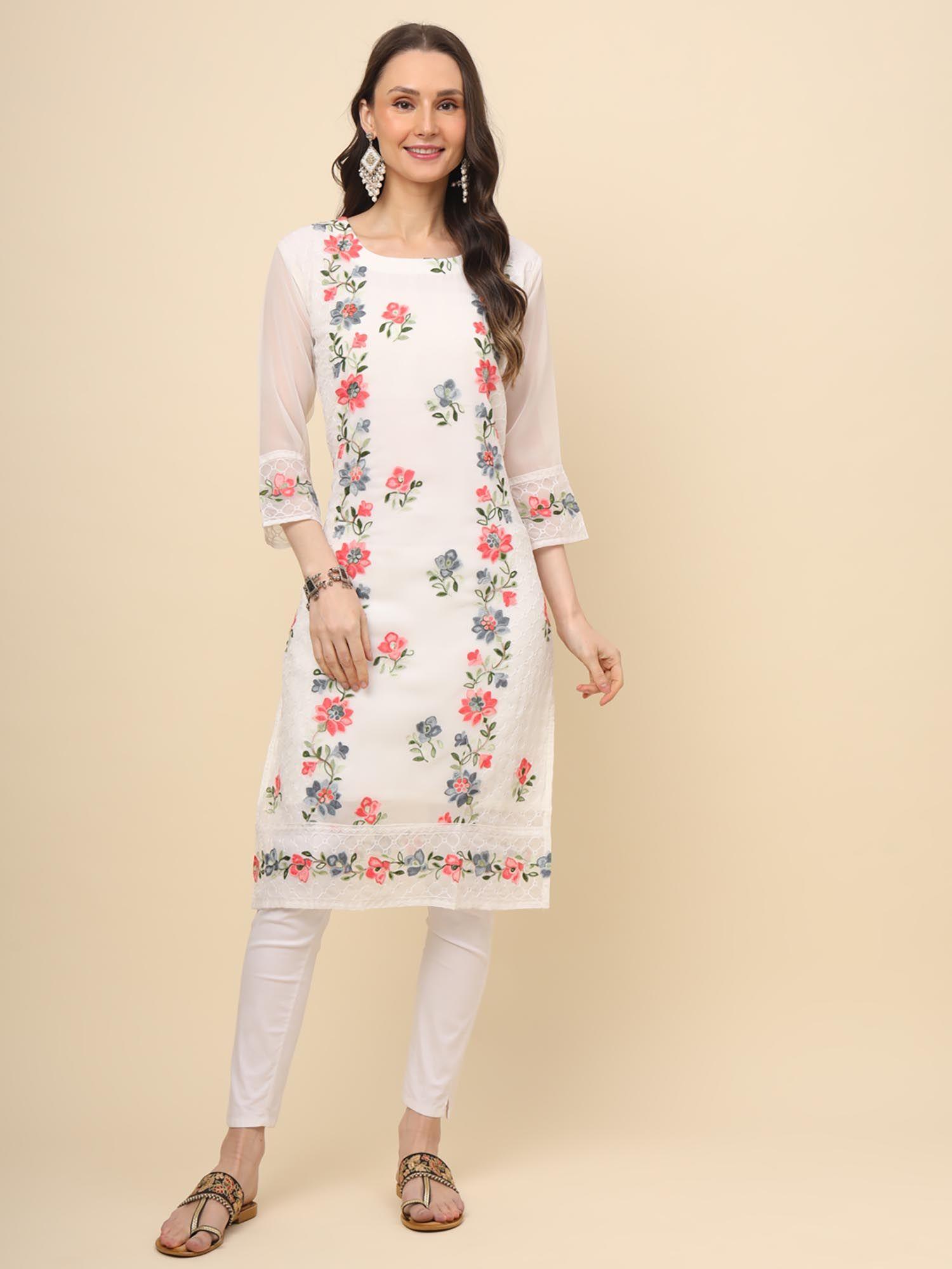 white georgette embroidery work straigh kurta