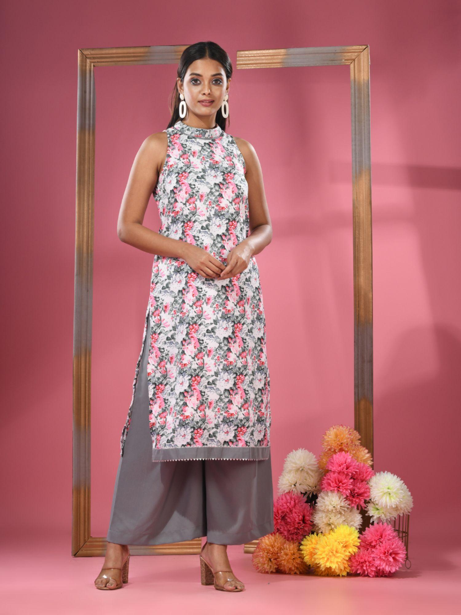 white georgette floral printed kurta