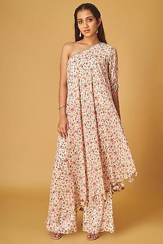 white georgette floral printed one-shoulder tunic set