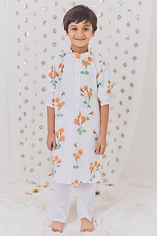 white georgette hand embroidered kurta set for boys