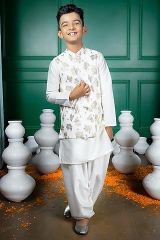 white georgette nehru jacket set for boys