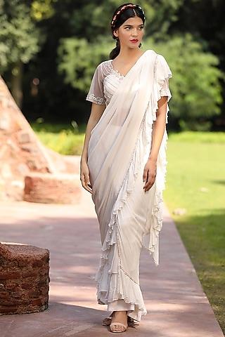 white georgette pre-stitched ruffled skirt saree set