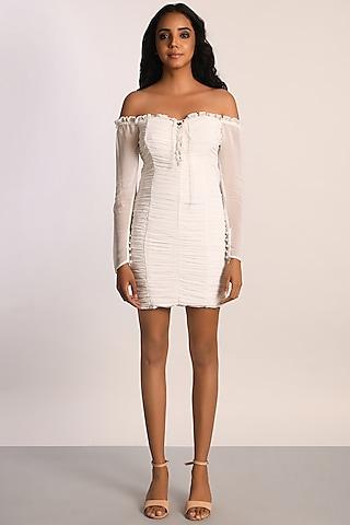 white georgette ruched dress