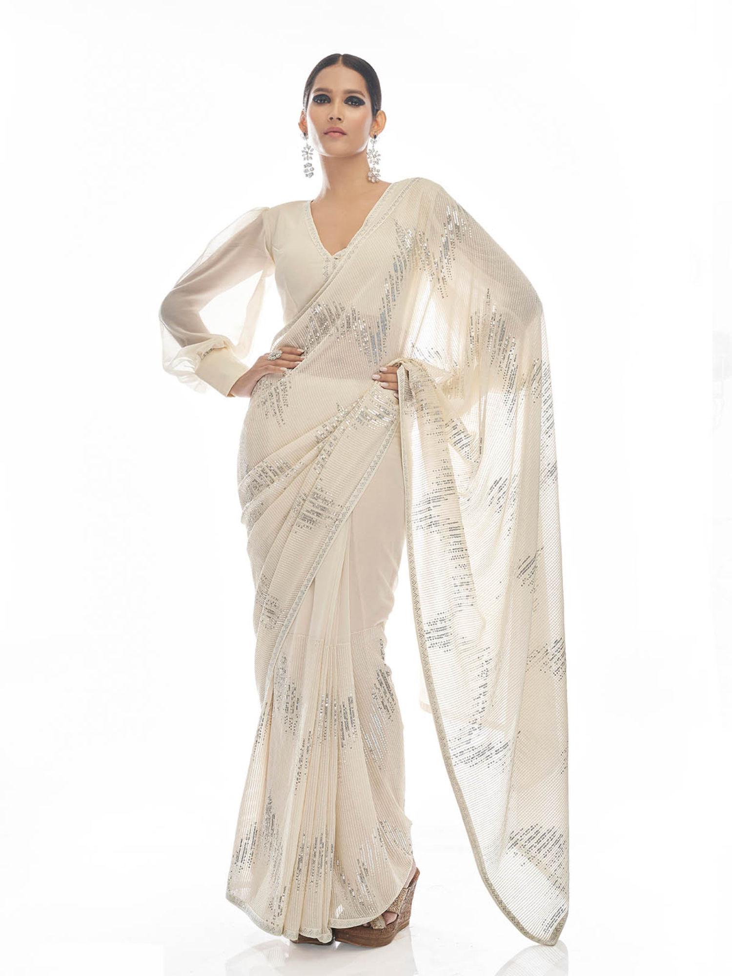 white georgette sequin saree with unstitched blouse (set of 2)