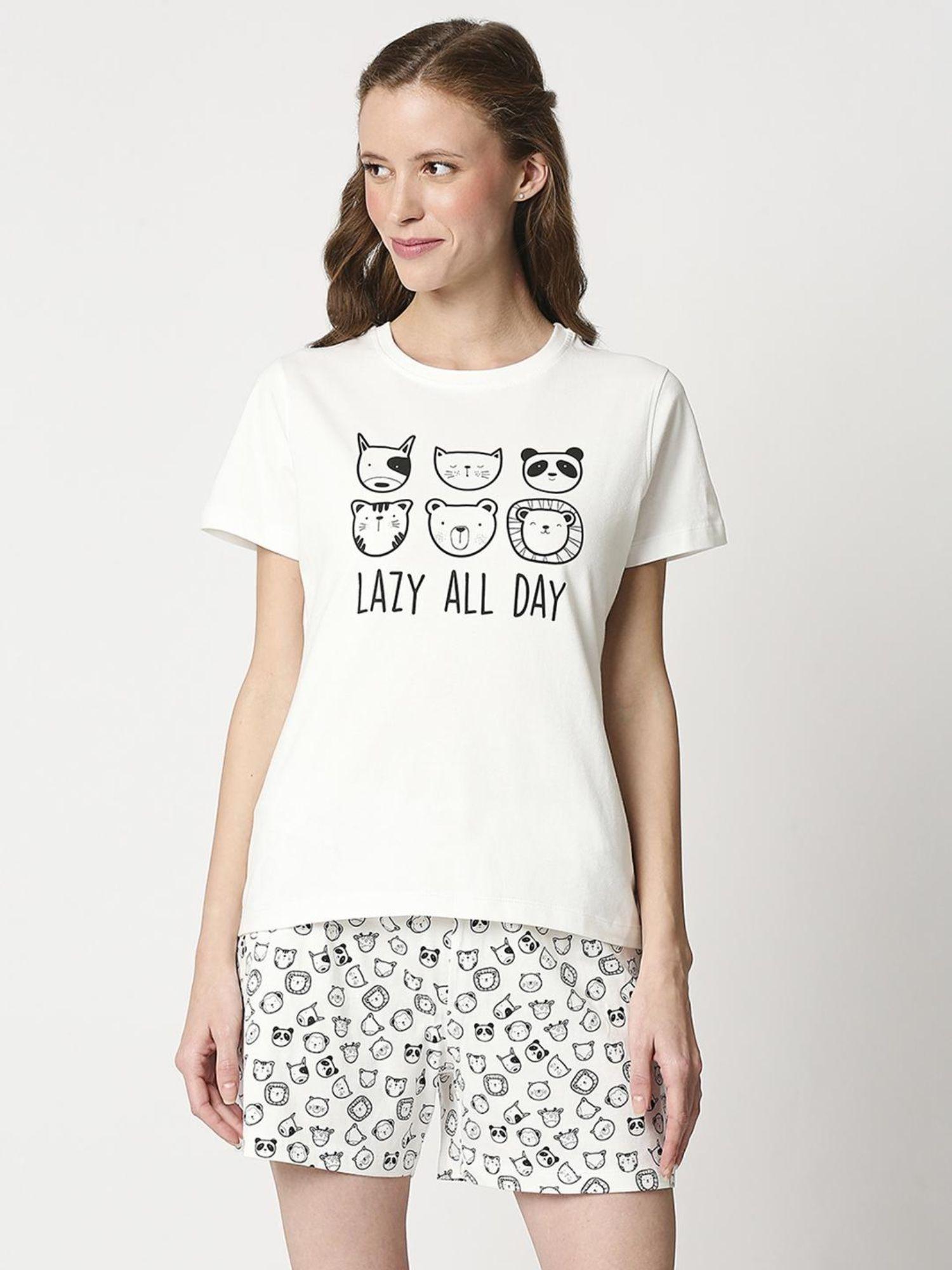 white graphic normal t-shirt and short (set of 2)