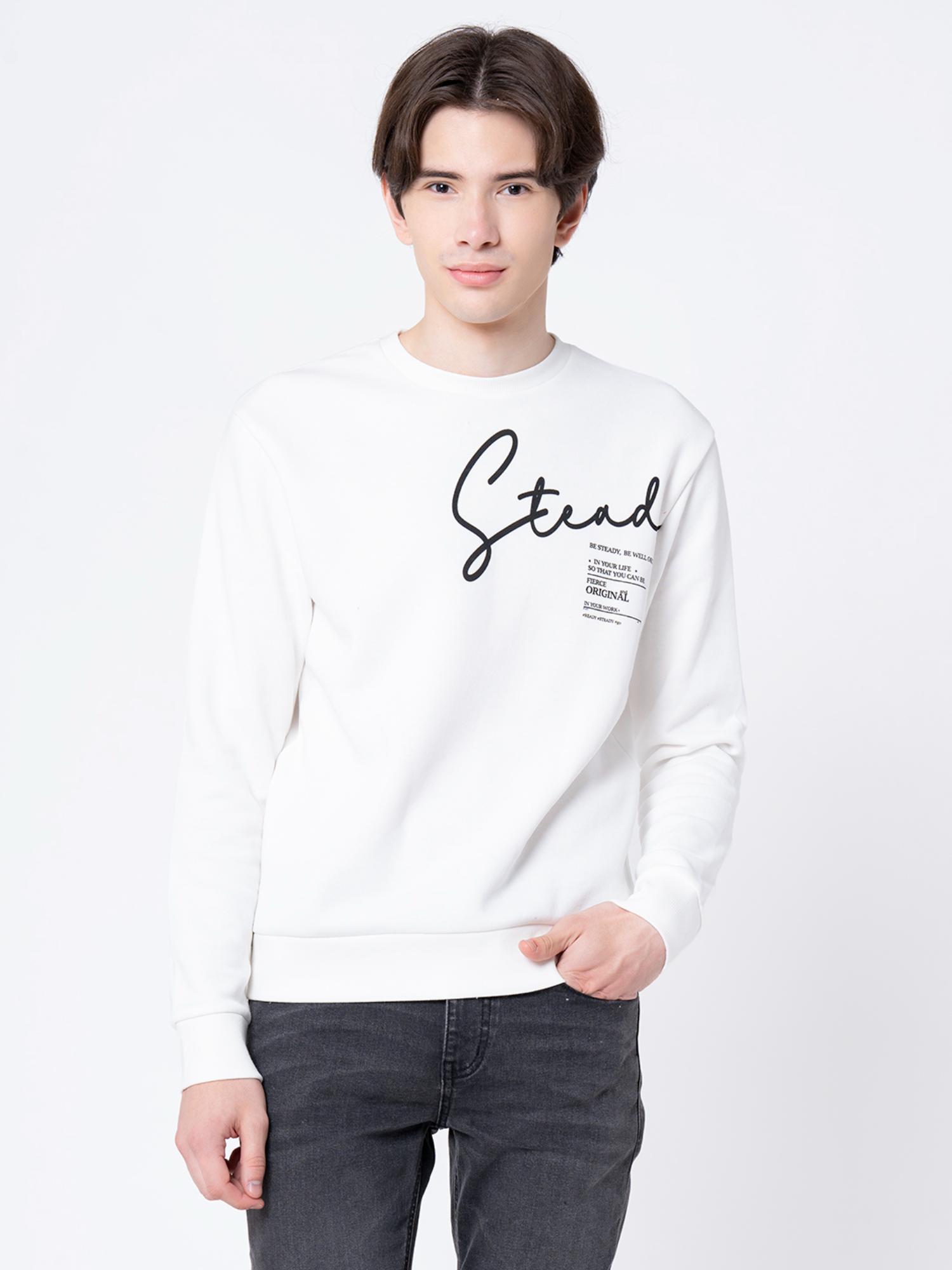 white graphic print cotton poly fleece men's sweatshirt