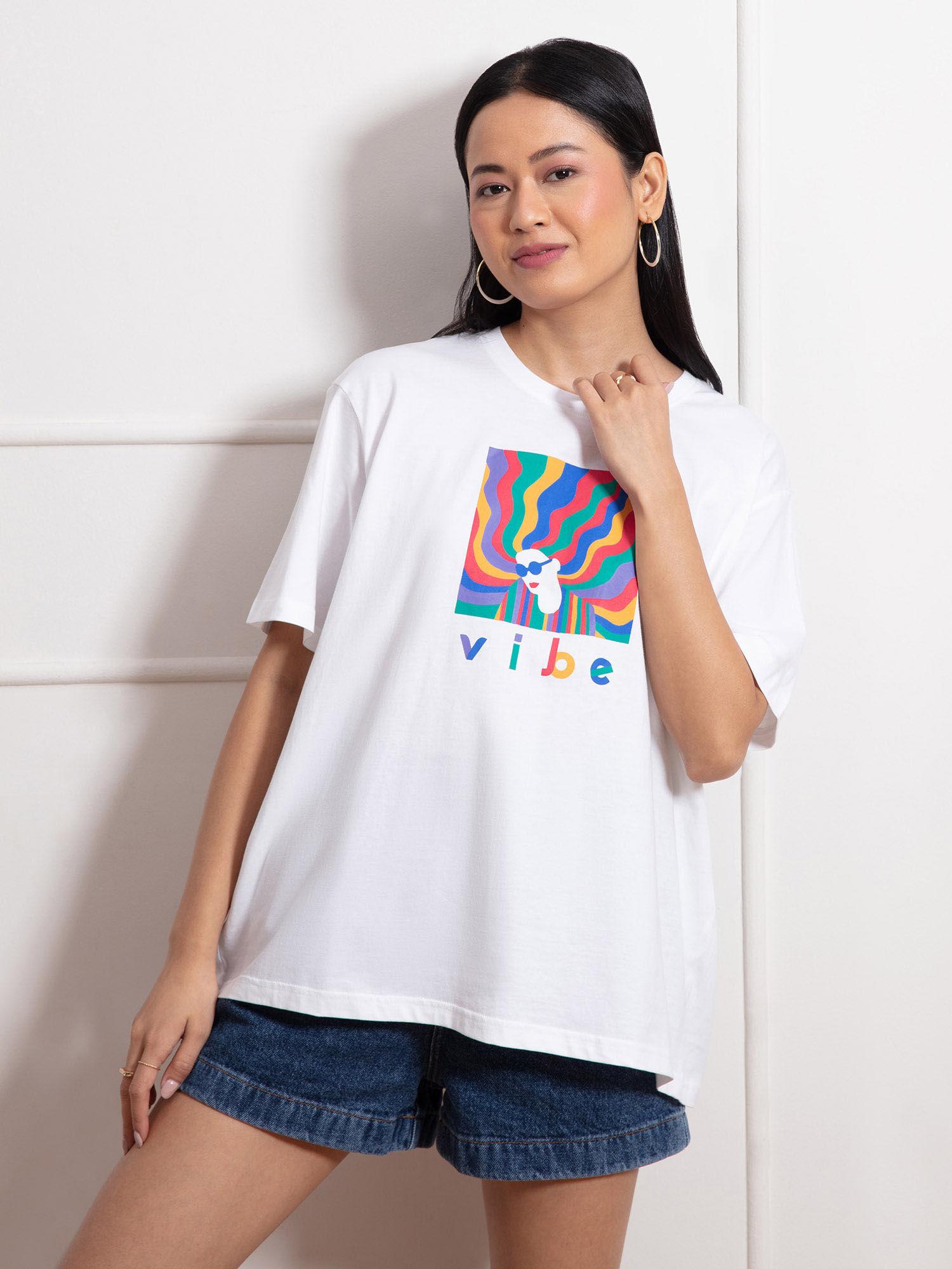 white graphic print round neck oversized t shirt