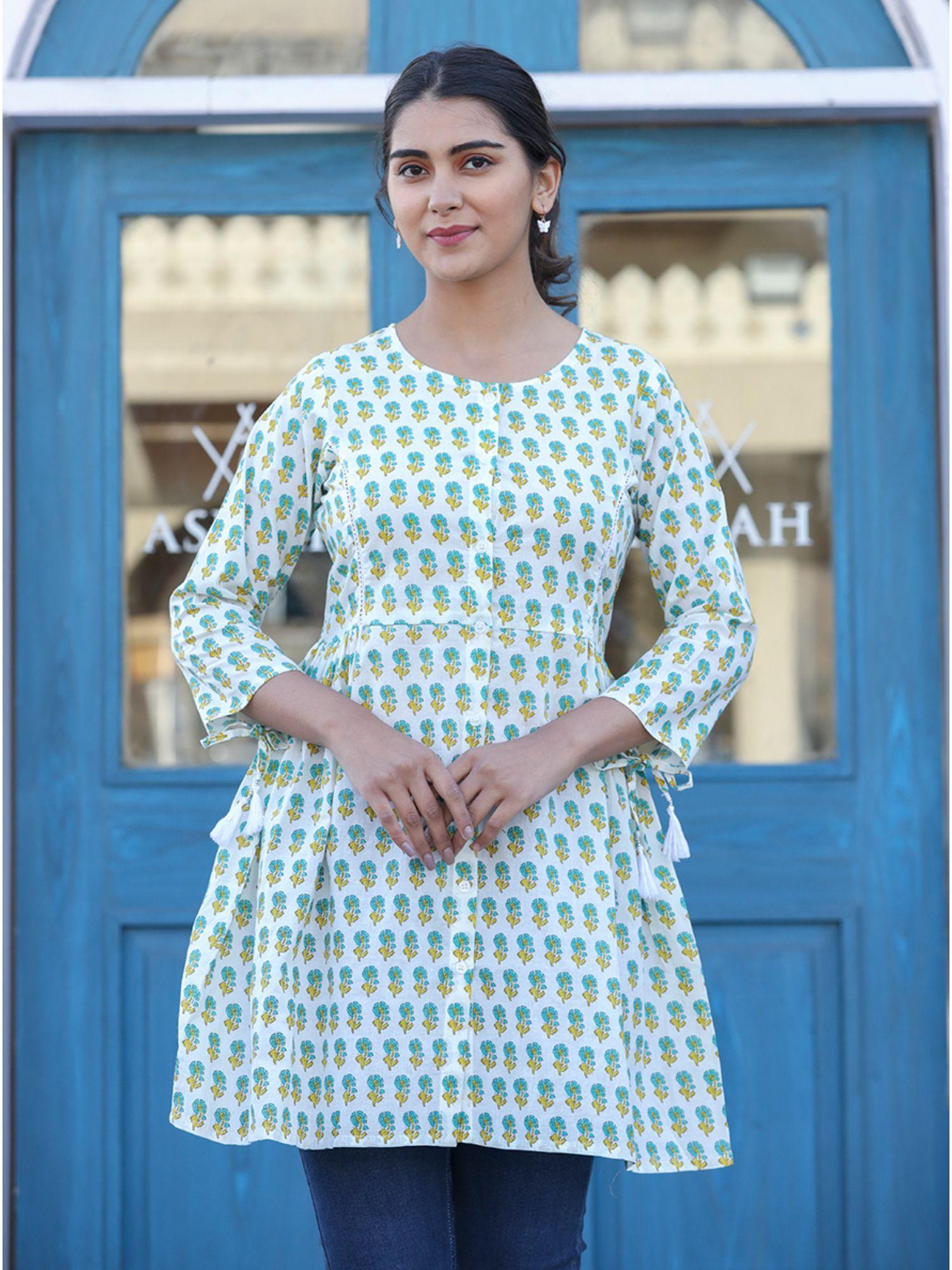 white green floral print cotton shirt style tunic