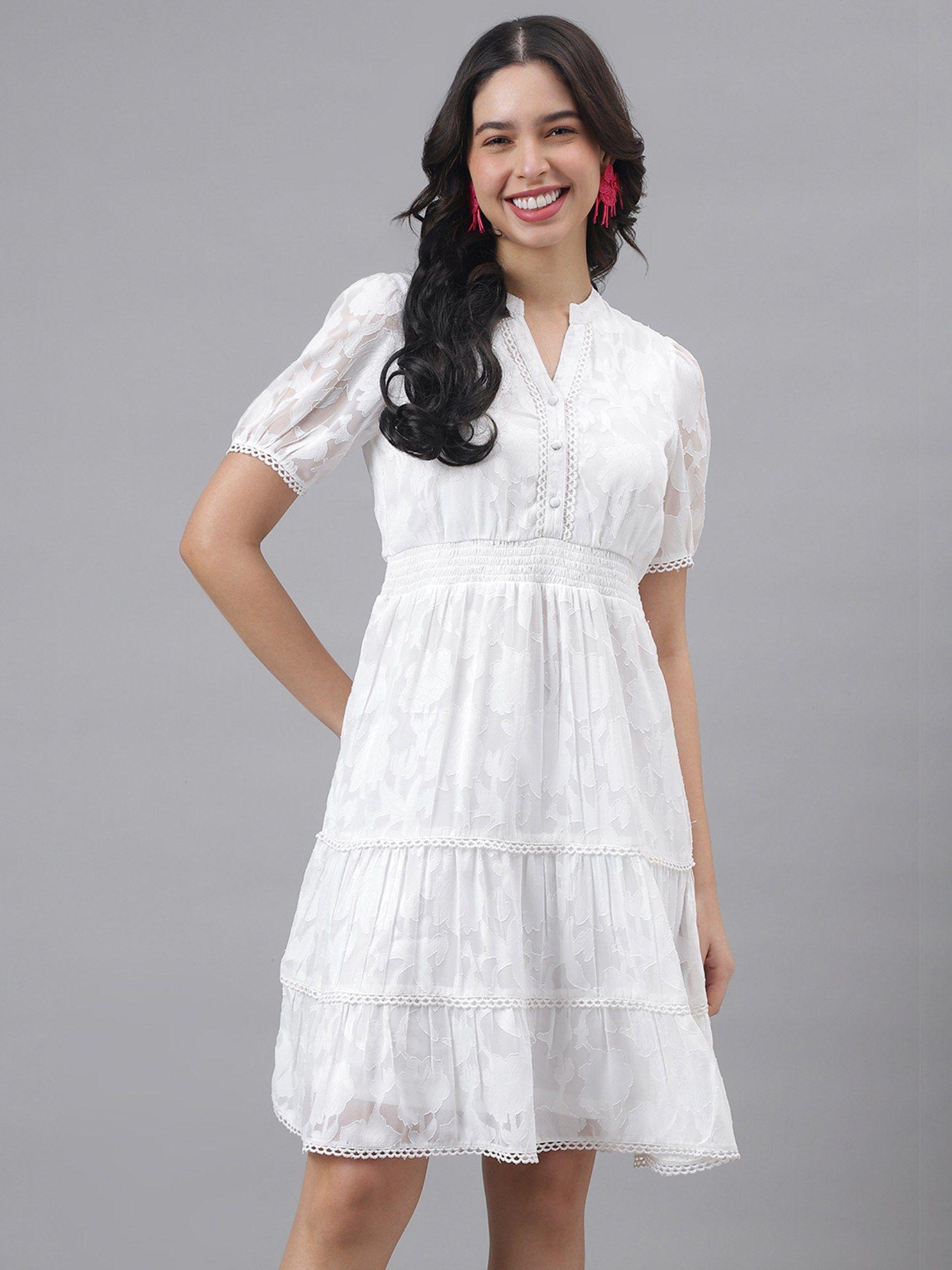 white half sleeve mandarin collar women a-line mini dress