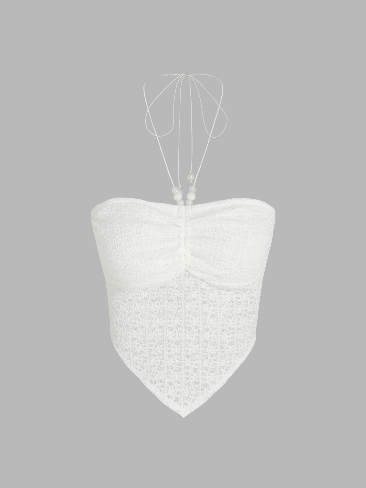 white halter ruched knotted tank crop top