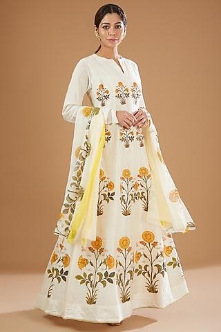 white hand block printed anarkali set