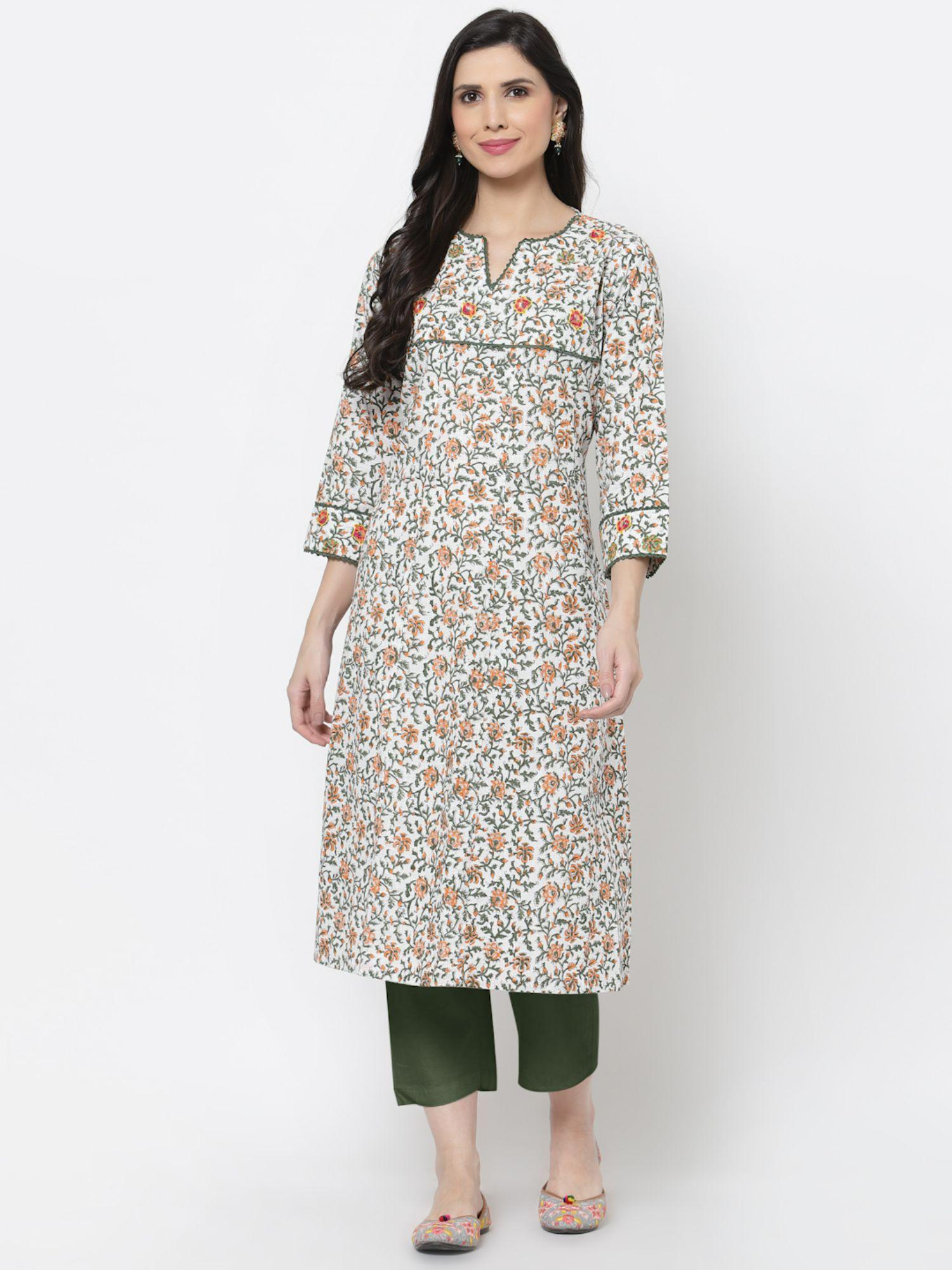 white hand block printed cotton kurta