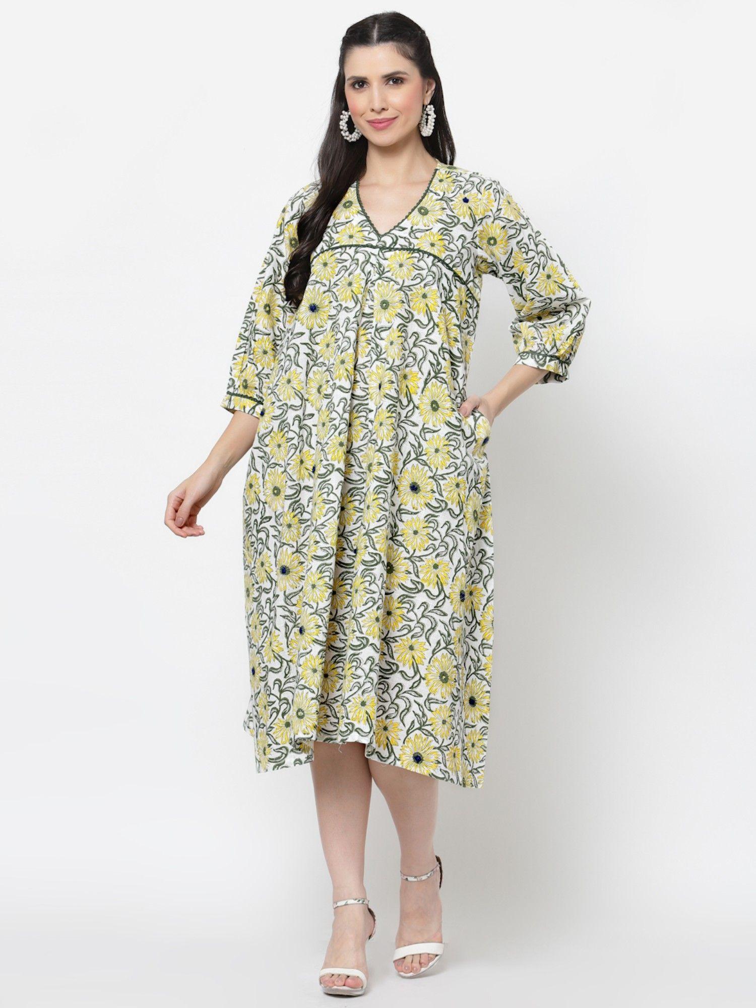 white hand block printed cotton midi dress