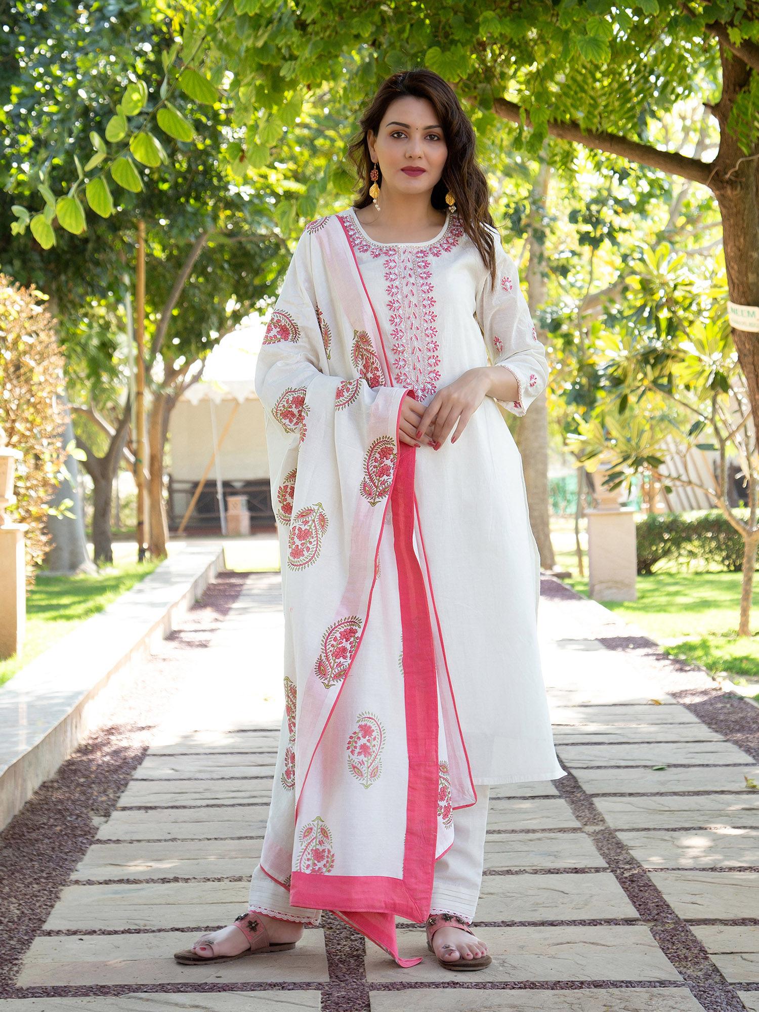 white hand embroidered suit set