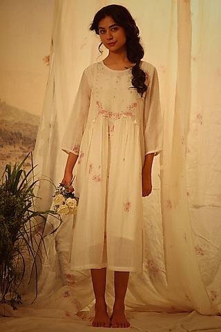 white handloom chanderi printed & embroidered dress