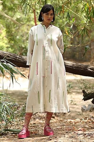 white handloom pure chanderi hand block printed midi shirt dress