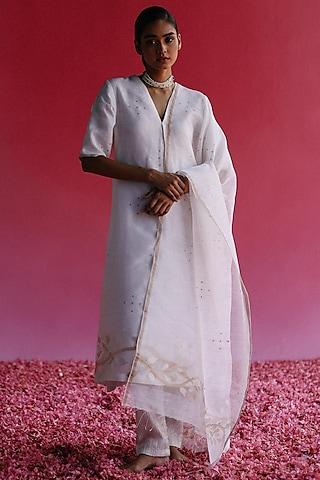 white handloom pure linen silk kurta set