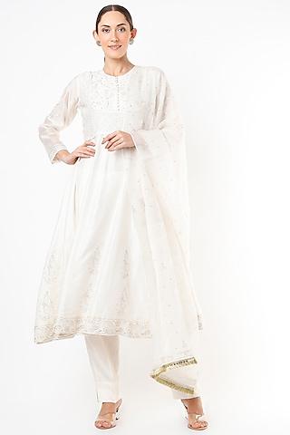 white handwoven chanderi anarkali set