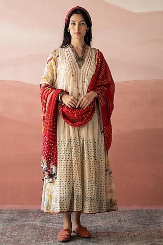 white handwoven chanderi bead embellished & block printed kurta set