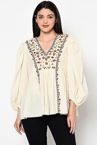 white handwoven cotton embroidered top with tassels