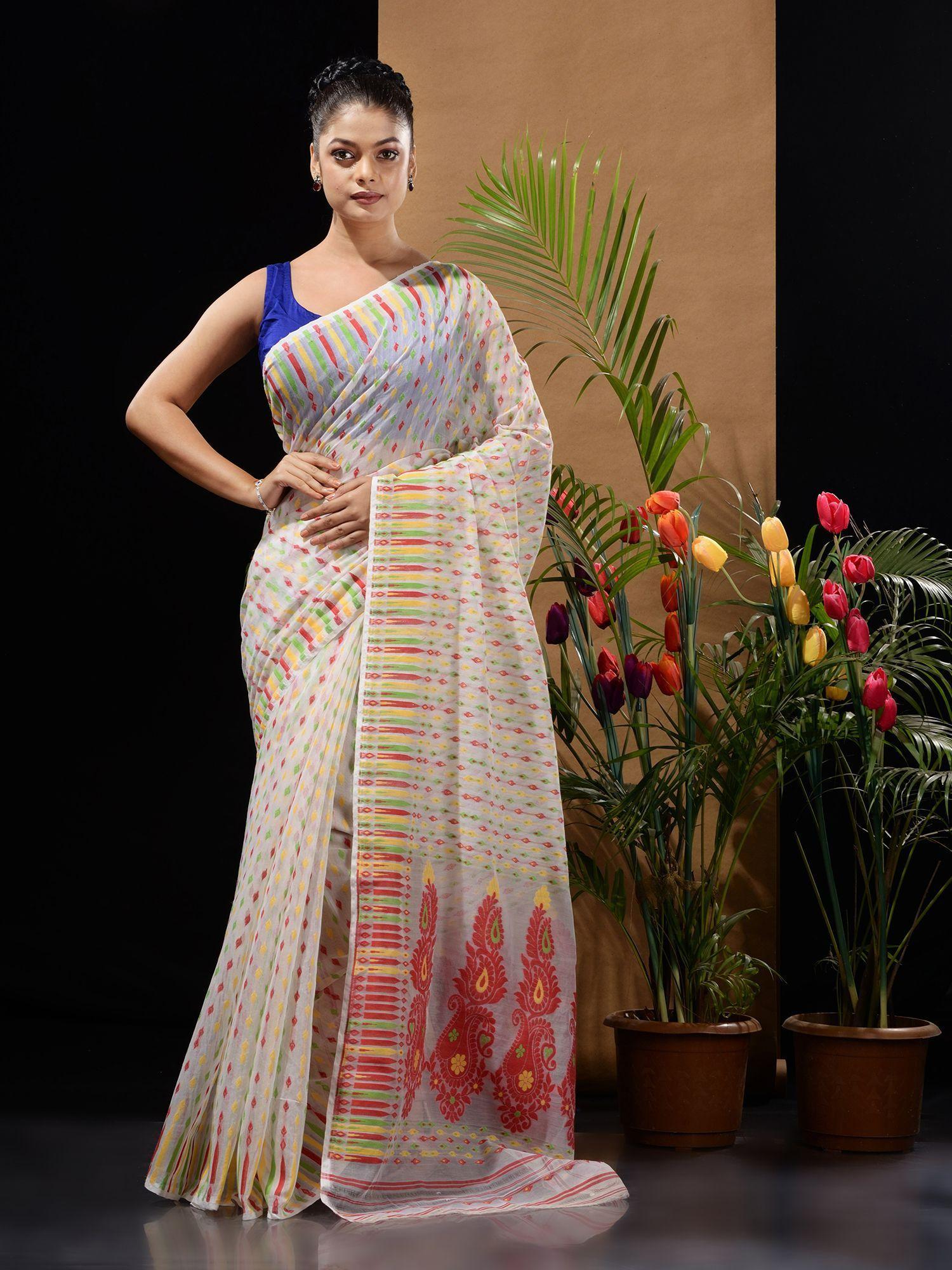 white handwoven saree with woven buttas & ethnic designs