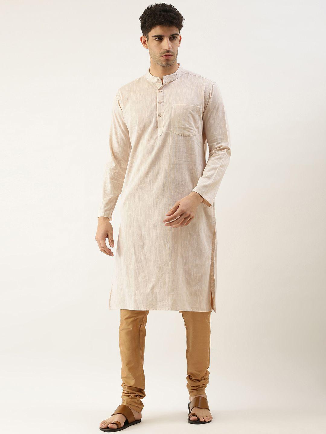 white heart men khaki pure cotton solid pathani kurta